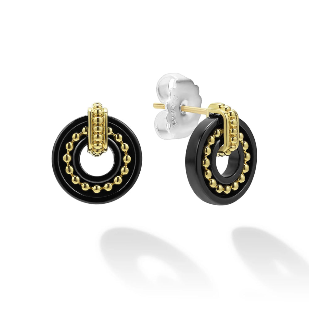 Lagos 18k Gold Stud Earrings with Black Caviar Ceramic Design