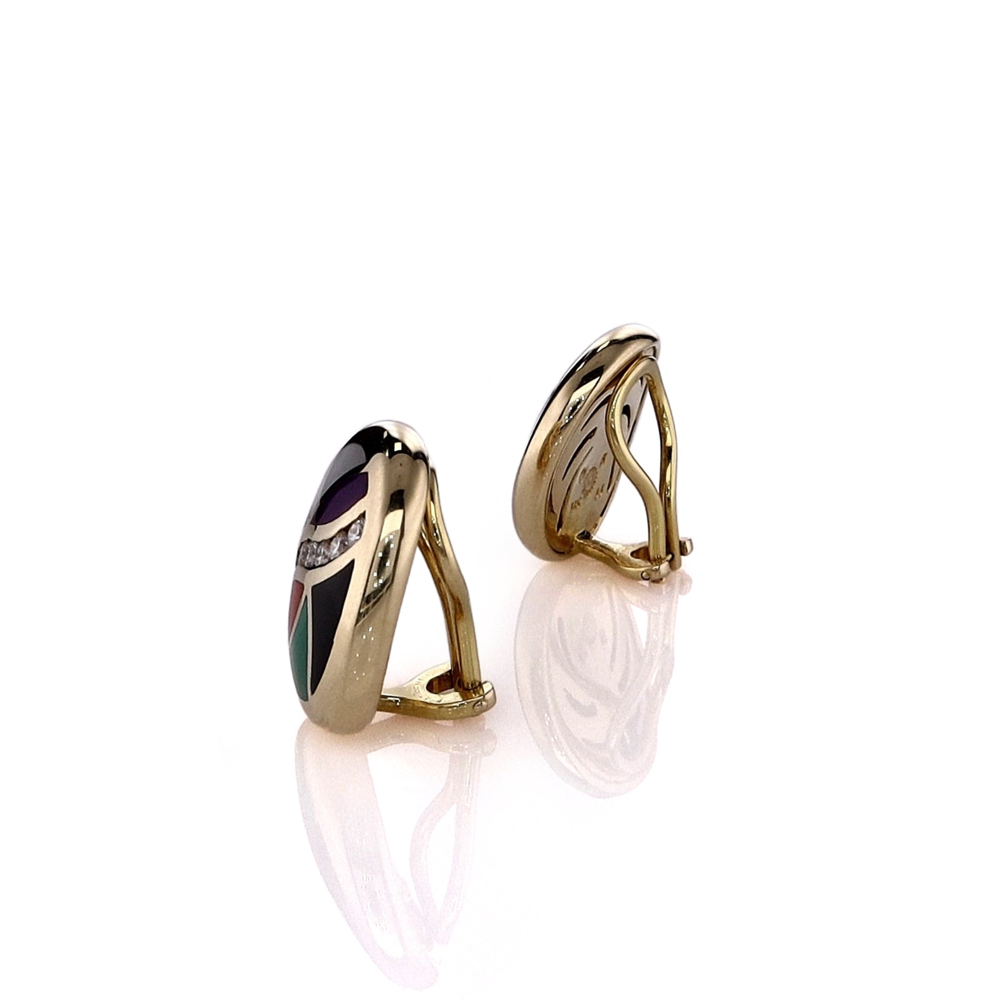 Asch Grosbardt Estate 14k Yellow Gold Clip - On Stud Earrings with Multi - Stone Inlay Design