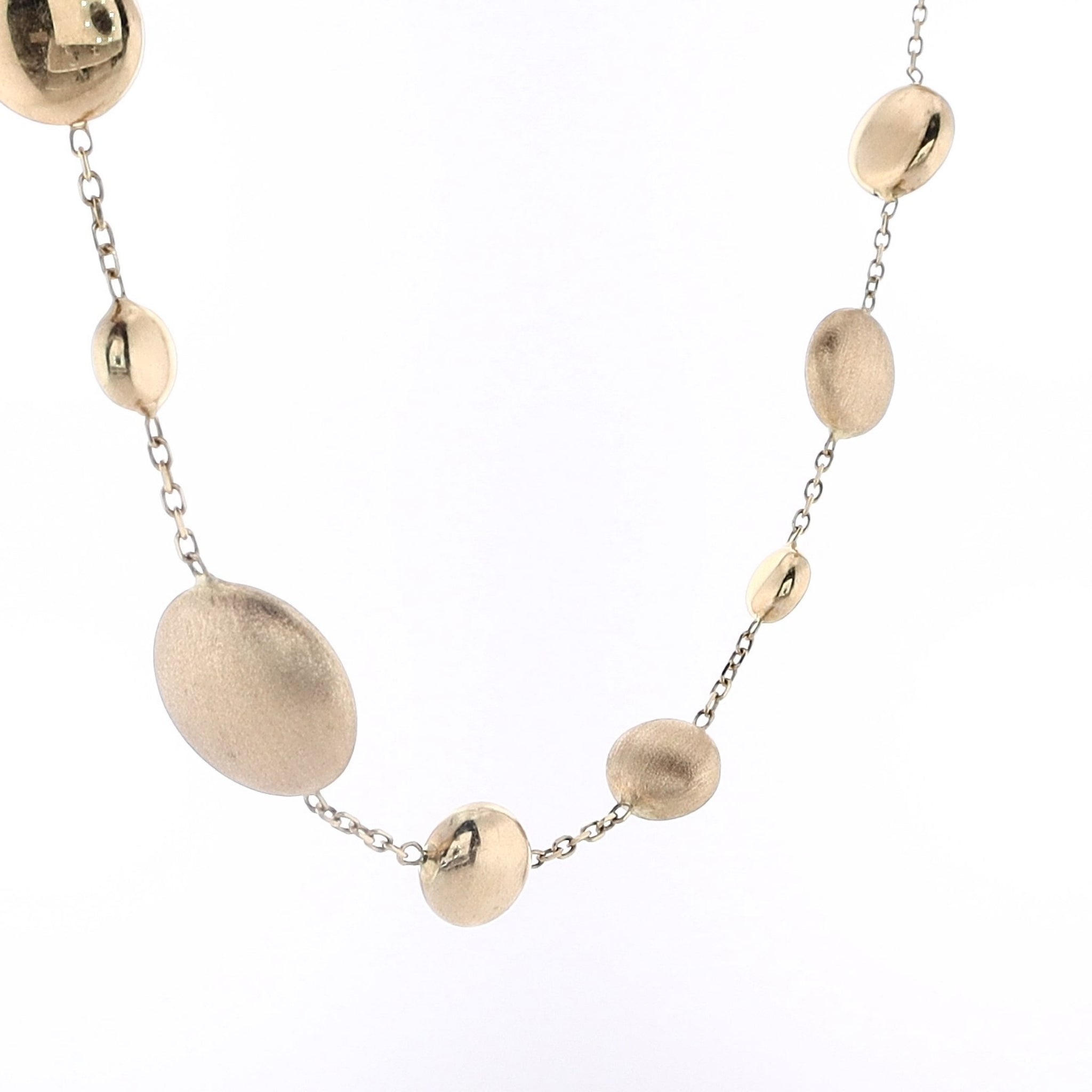 14 Karat Yellow Gold Station Bead Necklace with Assorted Round and Puff Matte & Polished Design