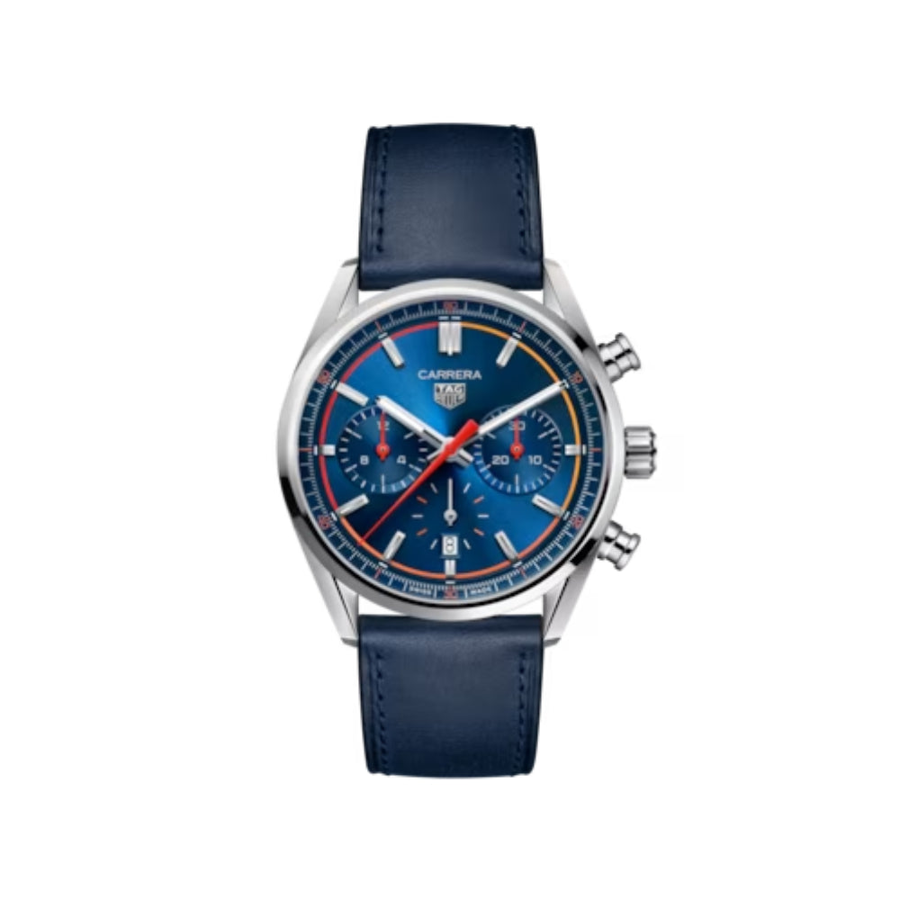 Tag Heuer Carrera 42mm Automatic Chronograph Watch with Striking Blue Design and Orange Accents