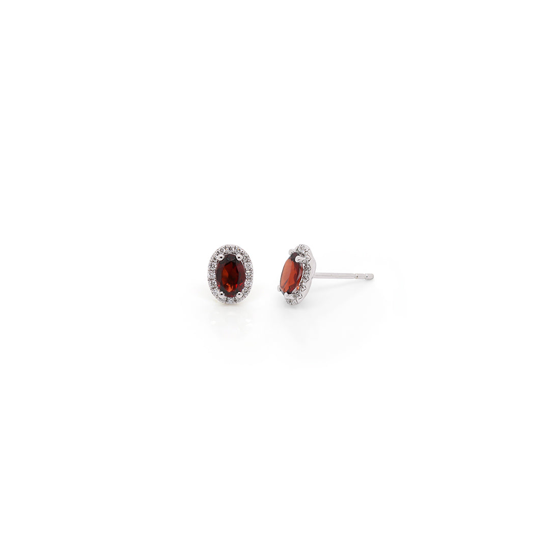 Exquisite 14k White Gold Stud Earrings Featuring Oval Garnets and Sparkling Diamonds
