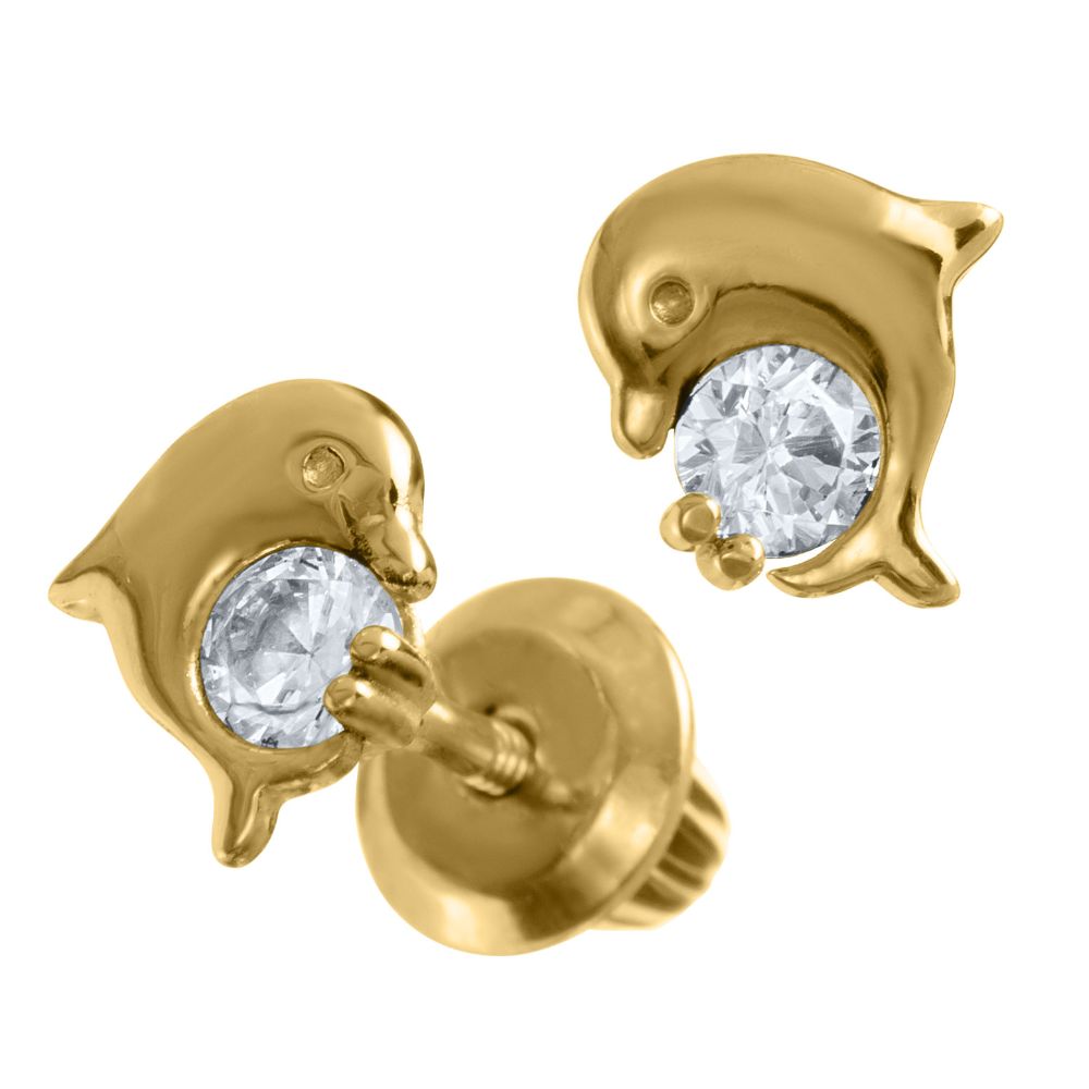 14k Gold Children's Cubic Zirconia Dolphin Stud Earrings for Timeless Style