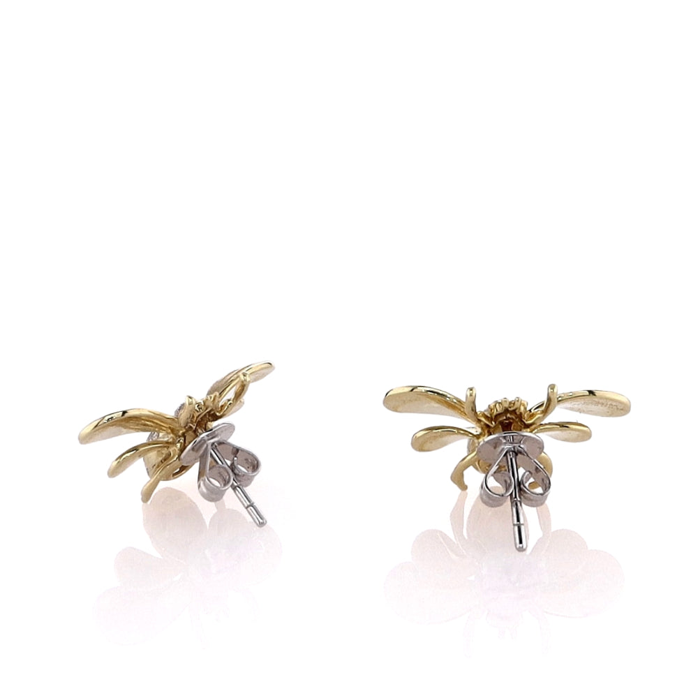 18k Yellow Gold Bee Stud Earrings with Emerald Eyes and Pave Diamonds