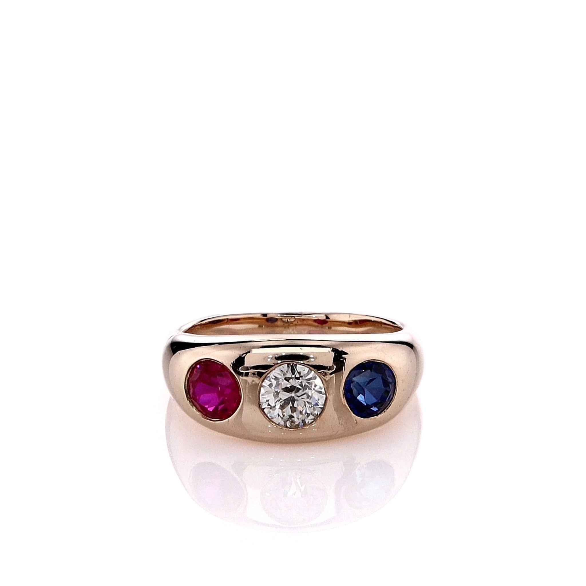 14k Yellow Gold Men's Diamond, Synthetic Ruby and Sapphire Design Ring