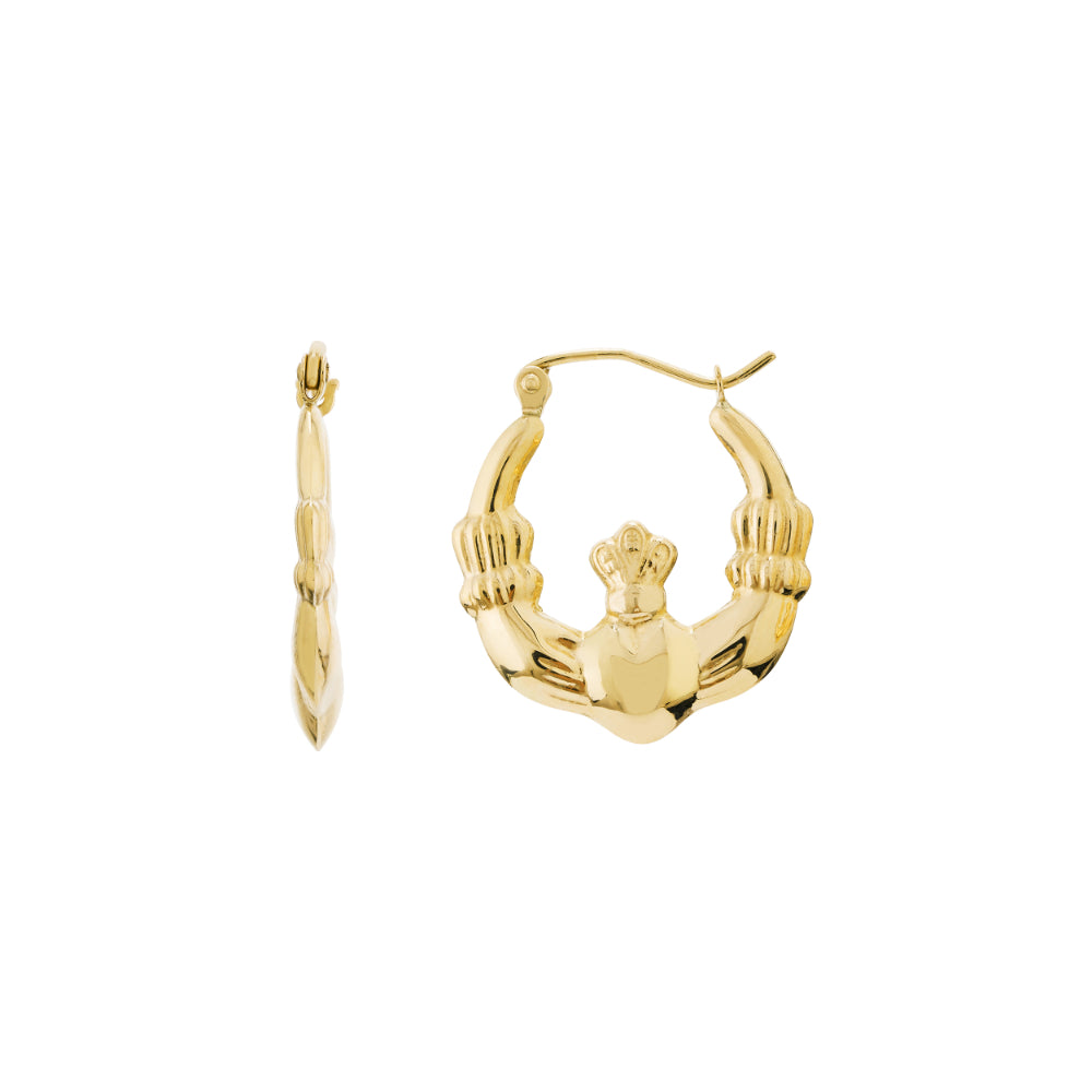 14k Yellow Gold Polished Claddagh Hoop Pierced Earrings with Snap - Down Clasp