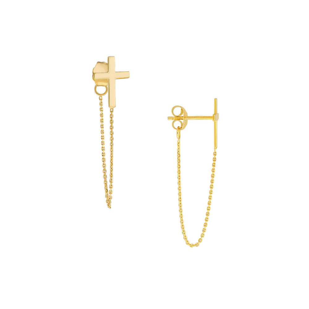 Stylish 14k Yellow Gold Cross Earrings with Dangling Chain