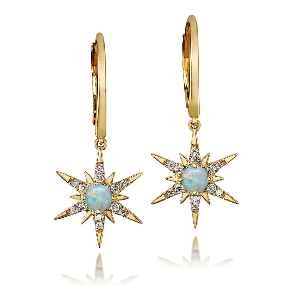 Stunning 14k Gold Earrings with Australian Opals and Diamonds in Star Design