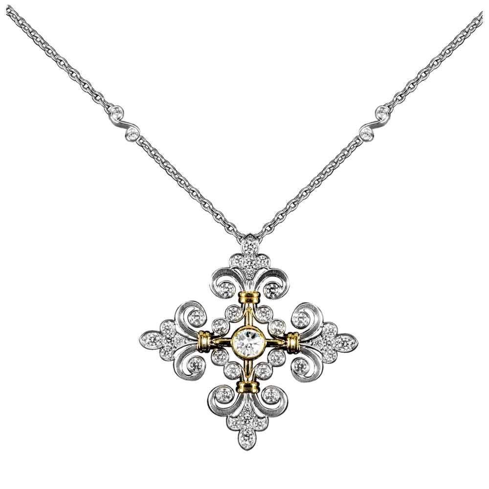 Exquisite 18K White and Yellow Gold Diamond Fleur De Lis Pendant by Jack Kelége