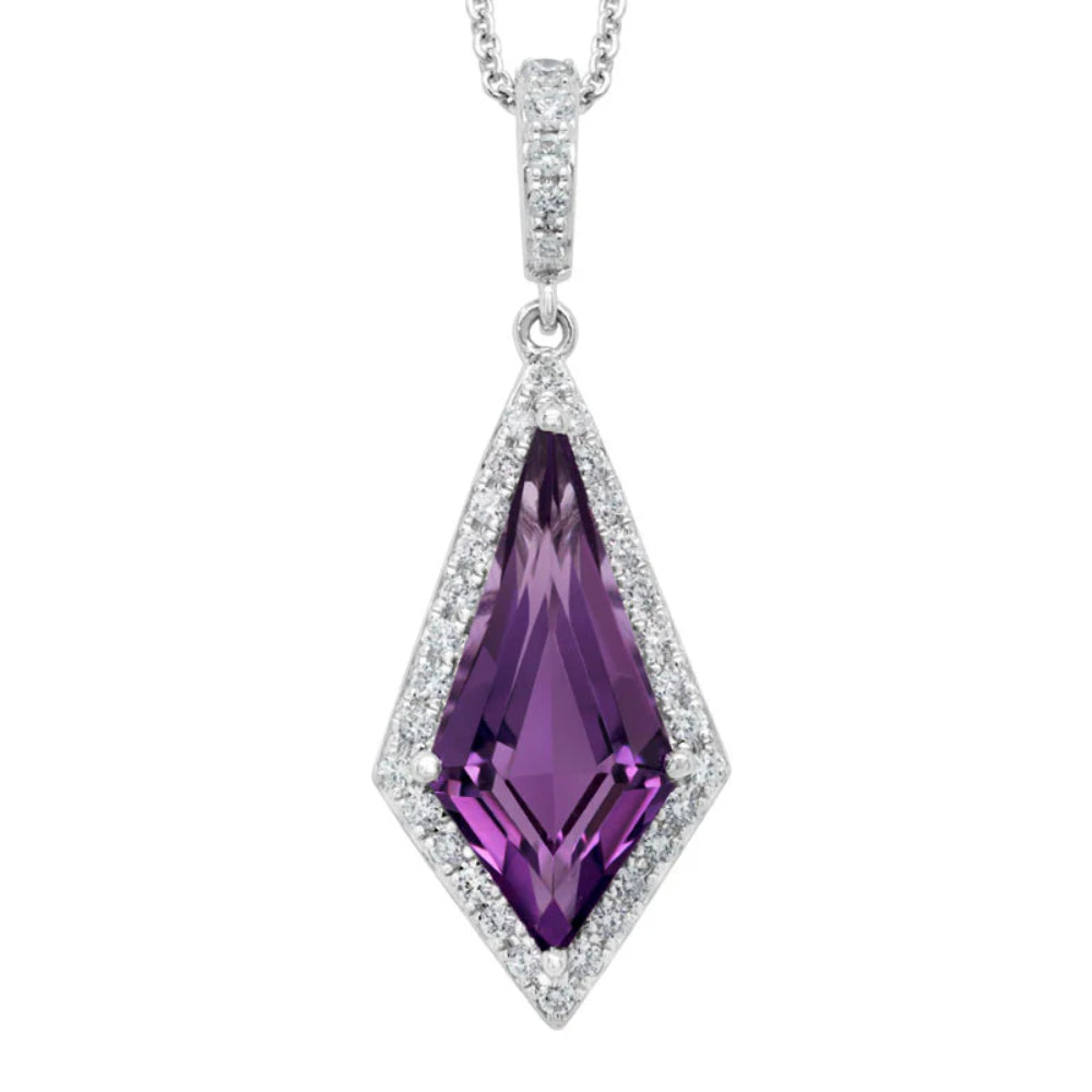 14k White Gold Amethyst and Diamond Adjustable Pendant Necklace