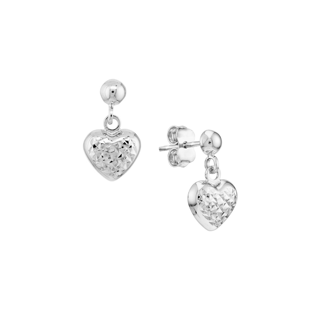 14k White Gold Diamond-Cut Puffed Heart Dangle Earrings for Timeless Style