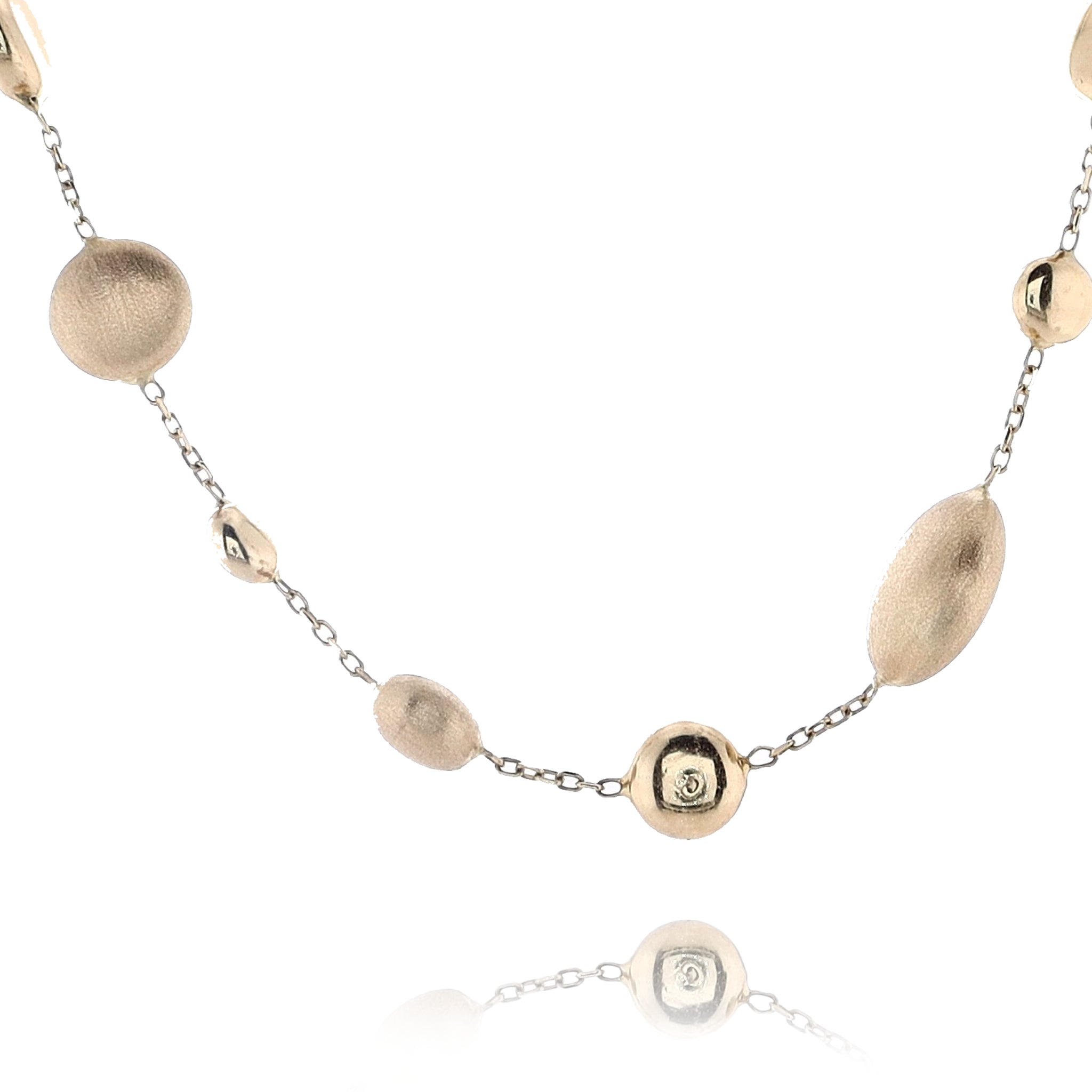 14 Karat Yellow Gold Station Bead Necklace with Assorted Round and Puff Matte & Polished Design