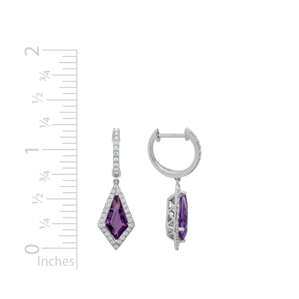 Gorgeous 14k White Gold Amethyst and Diamond Drop Earrings for Women's Elegant Jewelry Collection