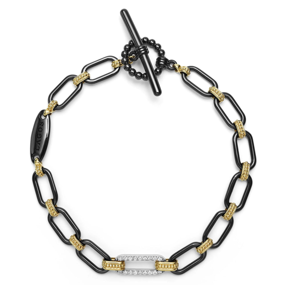 18k Gold and Black Ceramic Diamond Station Link Bracelet, Lagos Signature 6mm