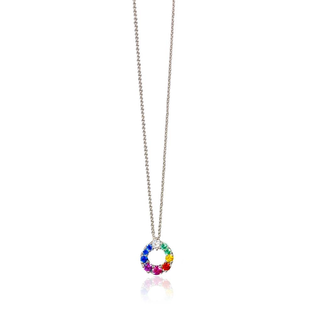 14w 14k White Gold Multi - Colored Sapphire and Round Cut Brilliant Diamond Circle Pendant Jewelry