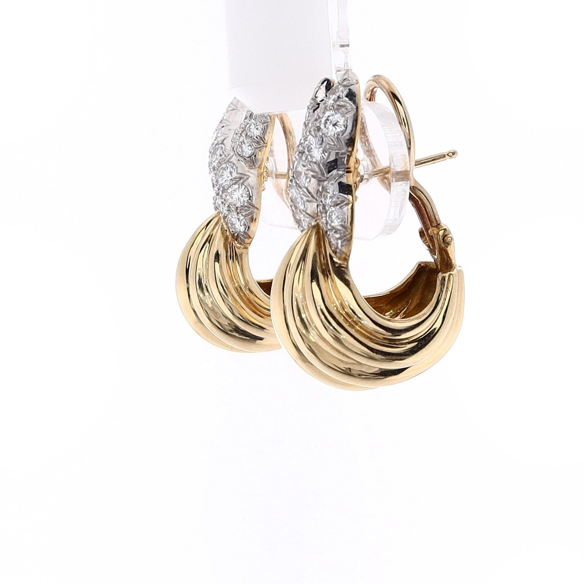 Estate Charles Turi Two-Tone Diamond Earrings with Scallop Design and Pave X Pattern