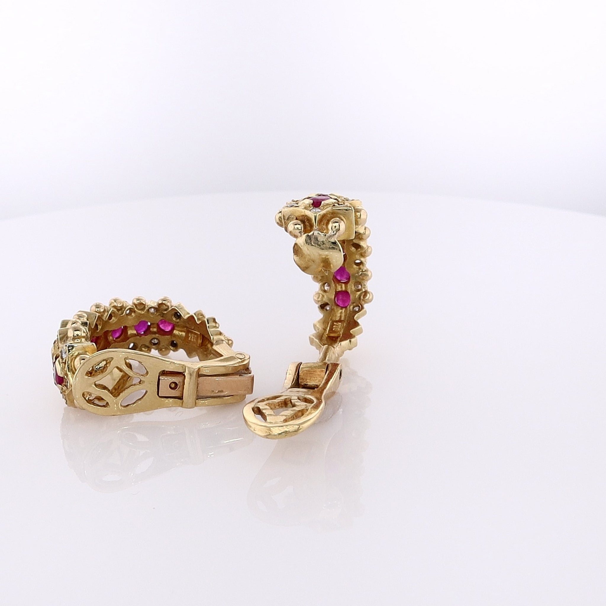 18k Yellow Gold Clip-On Hoop Earrings with Ruby and Diamond
