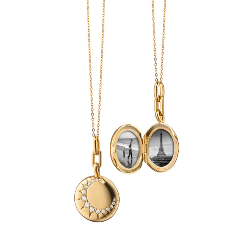Monica Rich Kosann 18k Yellow Gold Diamond-Embedded Sun-Style Round Locket Necklace for Everyday Wear