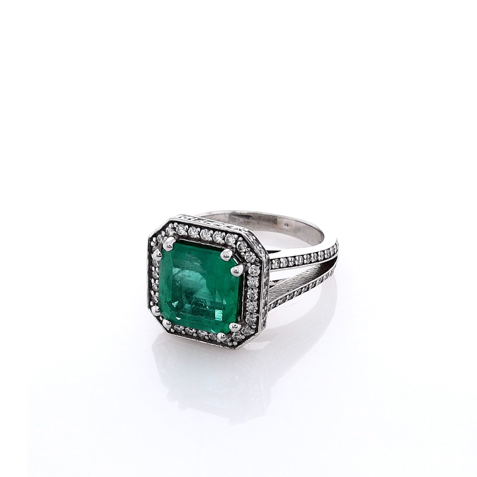 Exquisite 18k White Gold Emerald and Diamond Halo Split Shank Engagement Ring - Estate Jewelry Style
