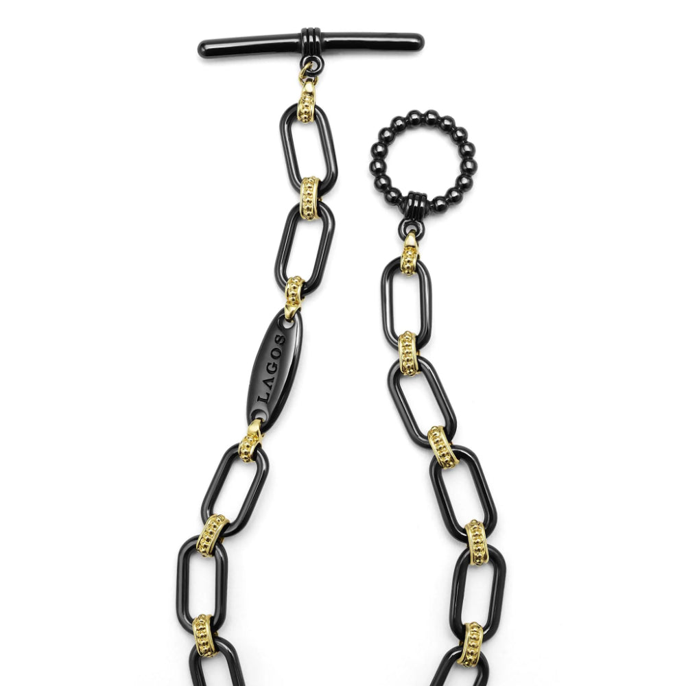18k Gold and Black Ceramic Diamond Station Link Bracelet, Lagos Signature 6mm