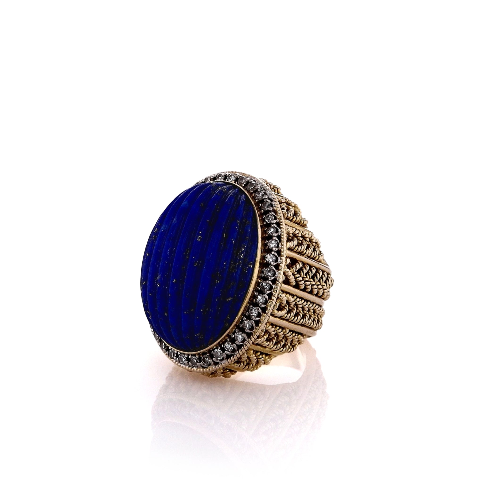 Exquisite Estate 14k Yellow Gold Jewelry - Carved Lapis and Diamond Halo Engagement Ring