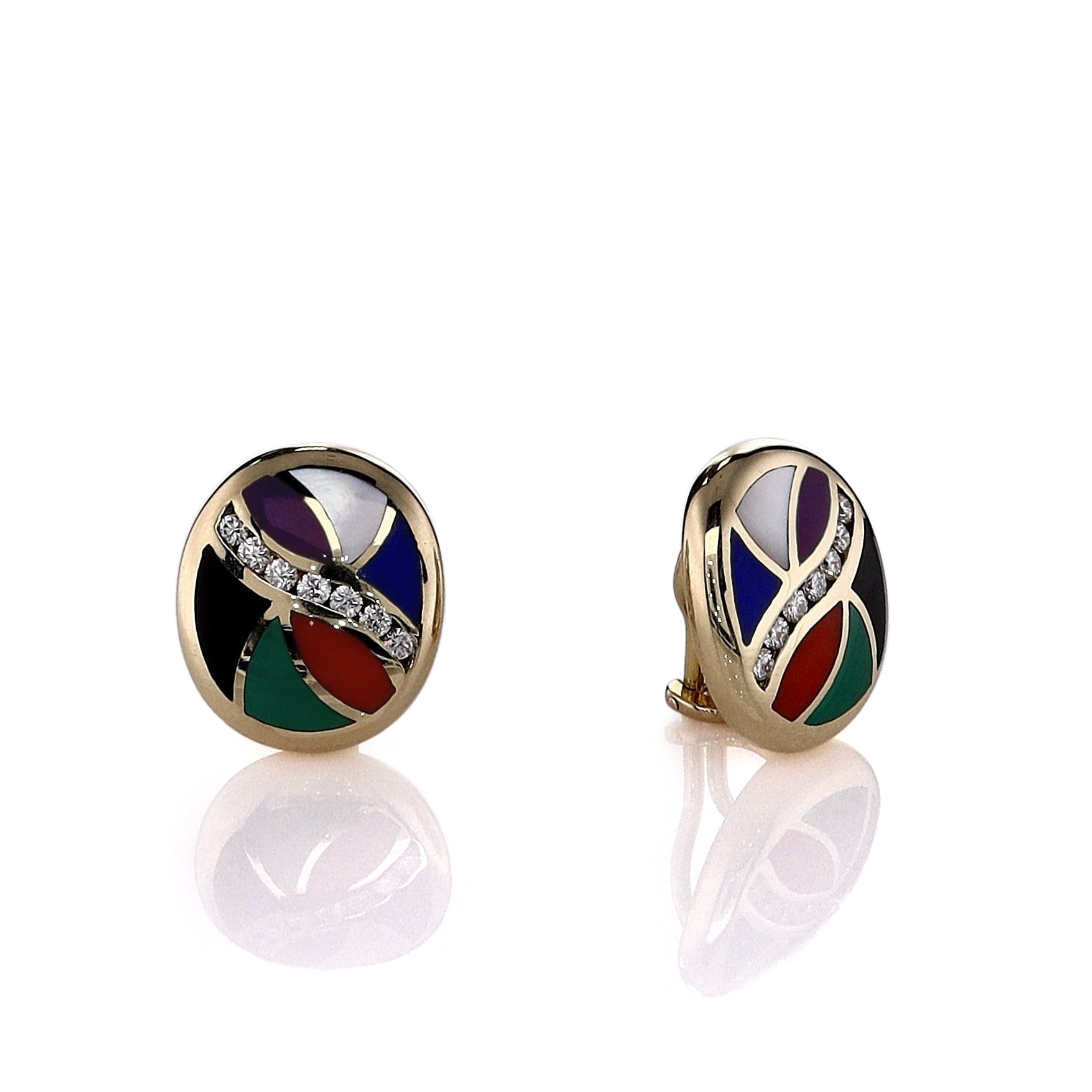 Asch Grosbardt Estate 14k Yellow Gold Clip - On Stud Earrings with Multi - Stone Inlay Design