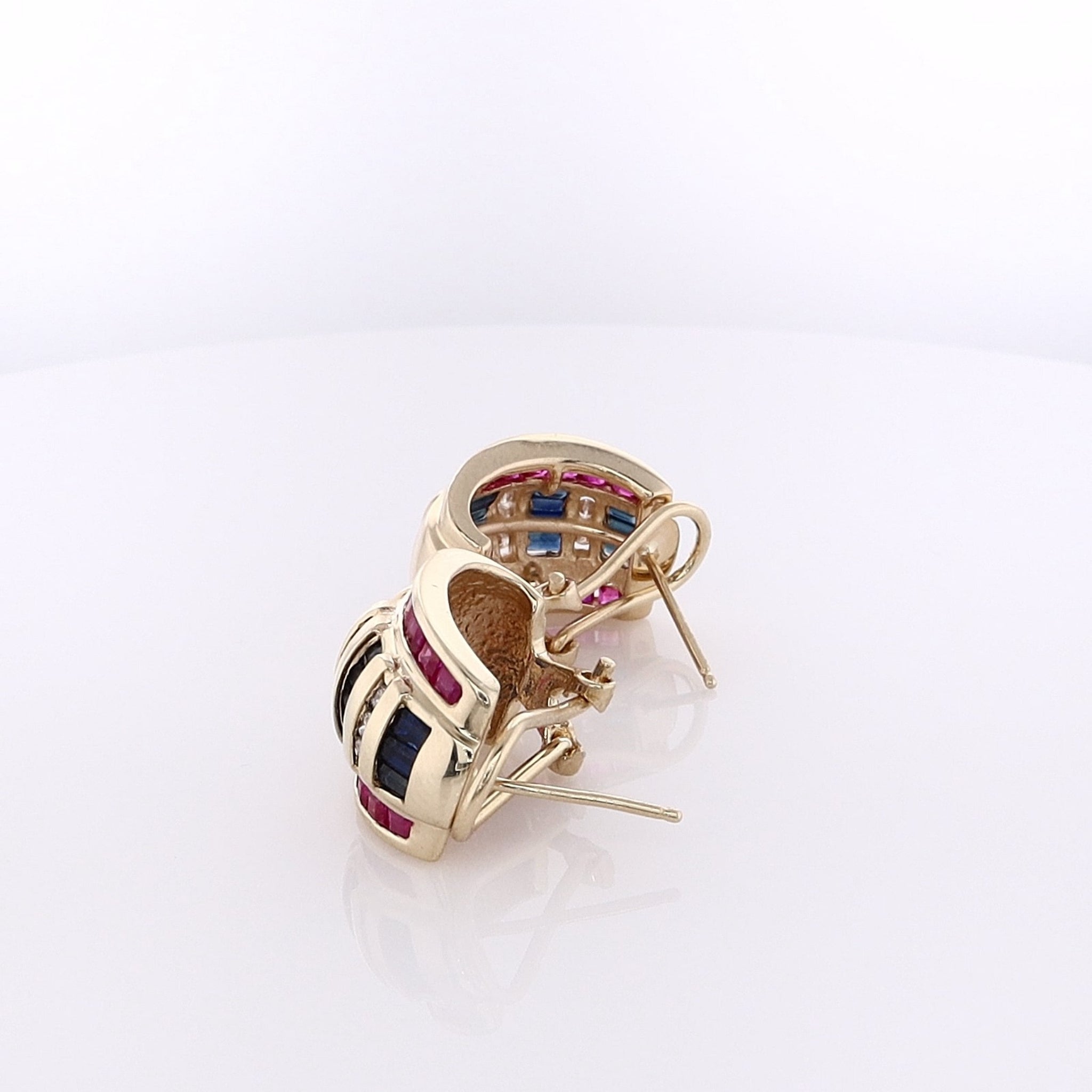 Exquisite Estate 14 Karat Yellow Gold Stud Earrings Embellished with Sapphires, Rubies, and Diamonds