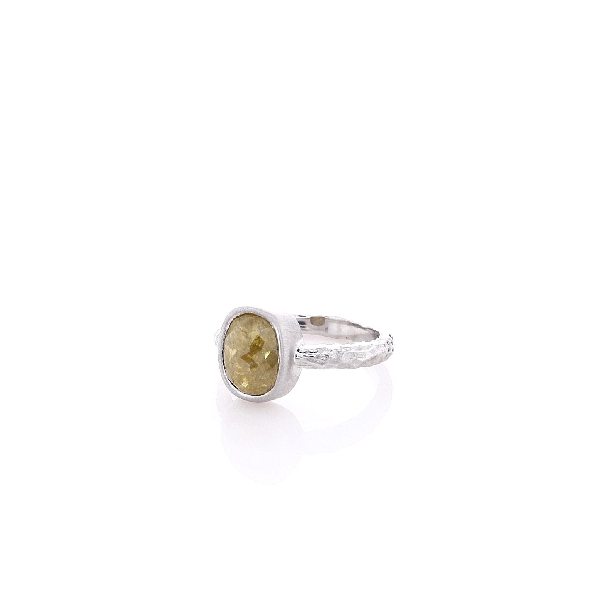 14k White Gold Ring with Brushed Hammered Shank and 2.15ct Rose Cut Oval Gold Stone