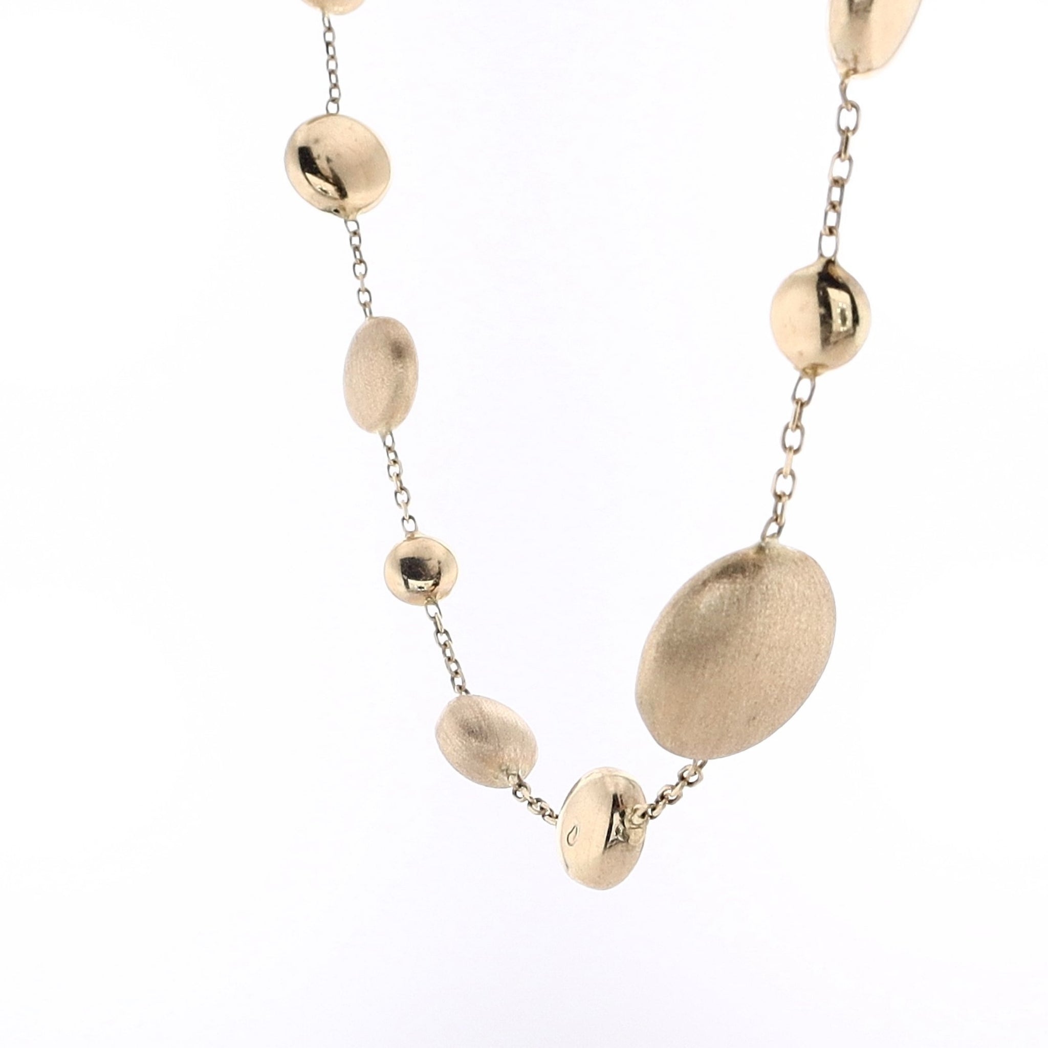 14 Karat Yellow Gold Station Bead Necklace with Assorted Round and Puff Matte & Polished Design