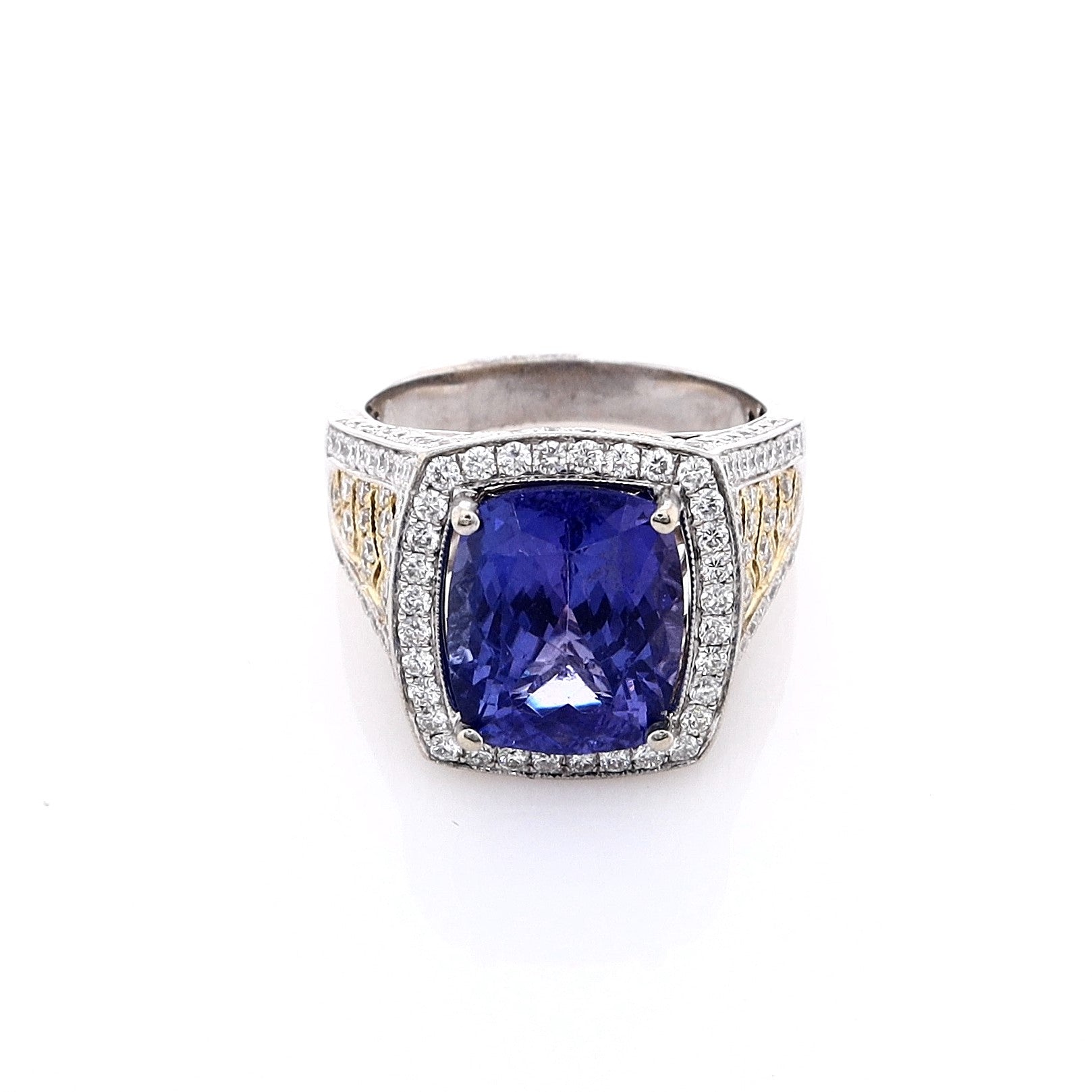 18k Gold Estate Two-Tone Cushion-Cut Purple Tanzanite and Round Brilliant Cut Diamond Halo Engagement Ring