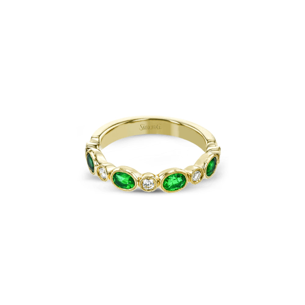 Simon G 18k Yellow Gold Oval Emerald and Diamond Stackable Ring, 0.65ct Emeralds, 0.16ctw Diamonds