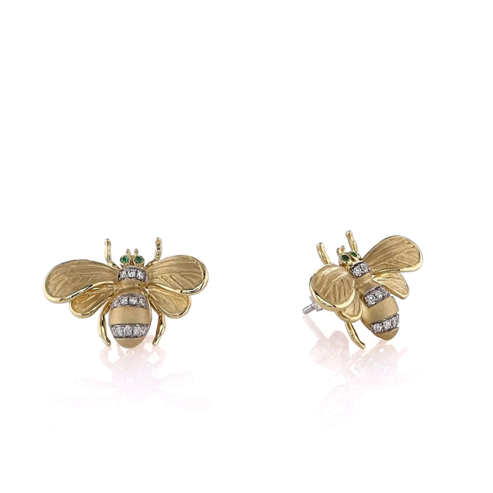 18k Yellow Gold Bee Stud Earrings with Emerald Eyes and Pave Diamonds