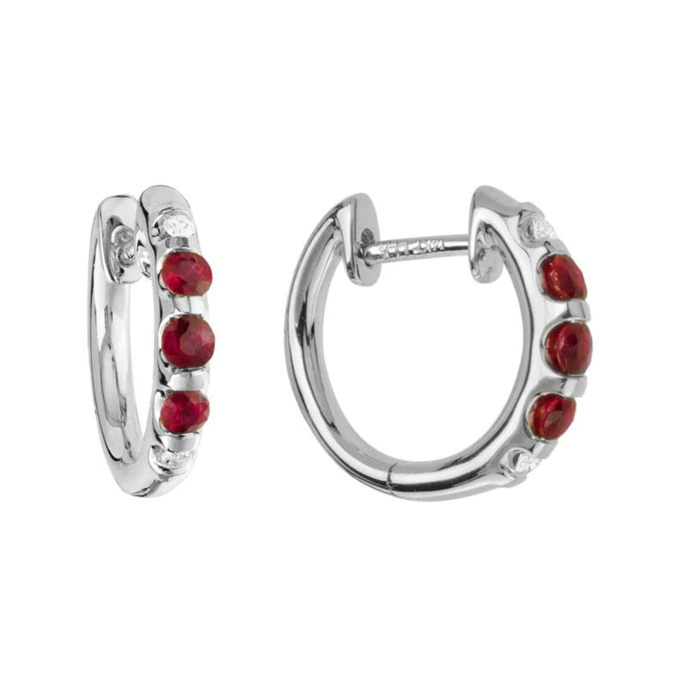 Stunning 14k White Gold Hoop Earrings with Ruby and Diamond Accents