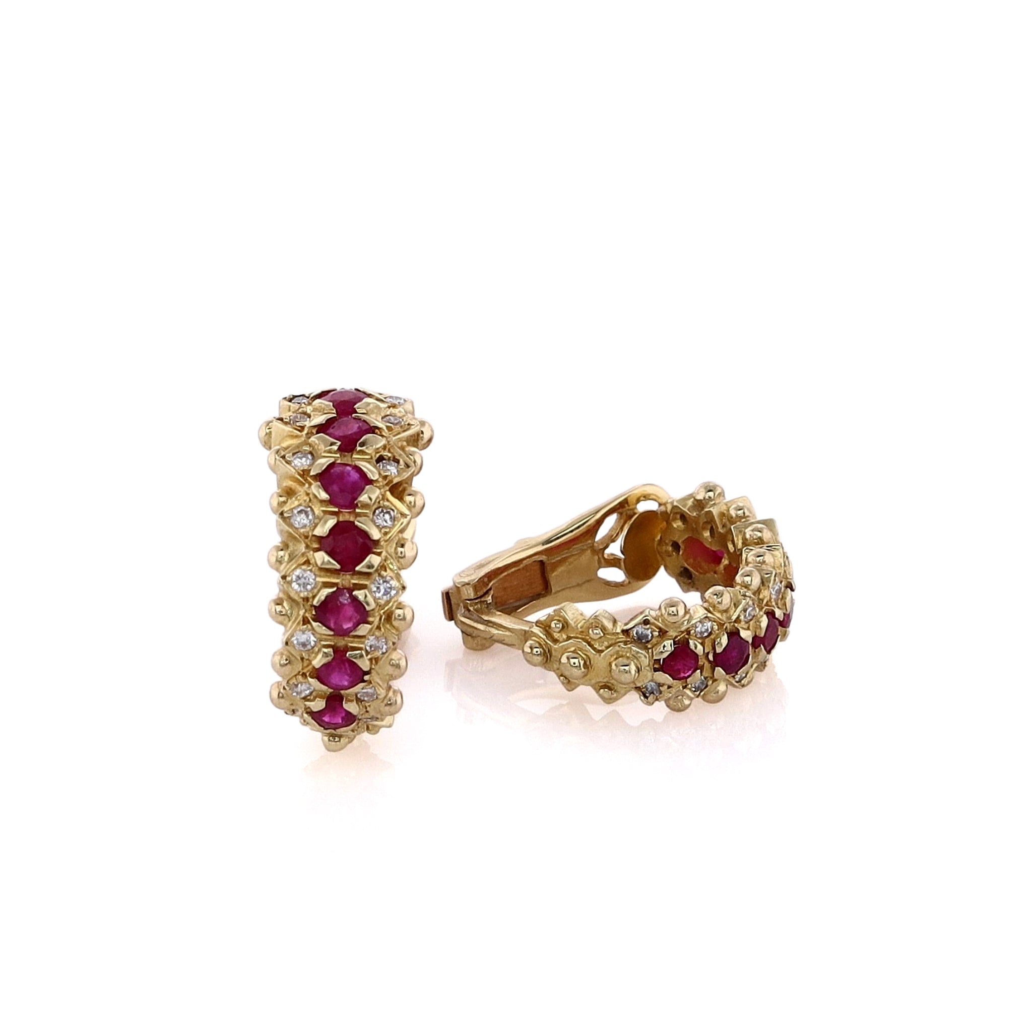 18k Yellow Gold Clip-On Hoop Earrings with Ruby and Diamond
