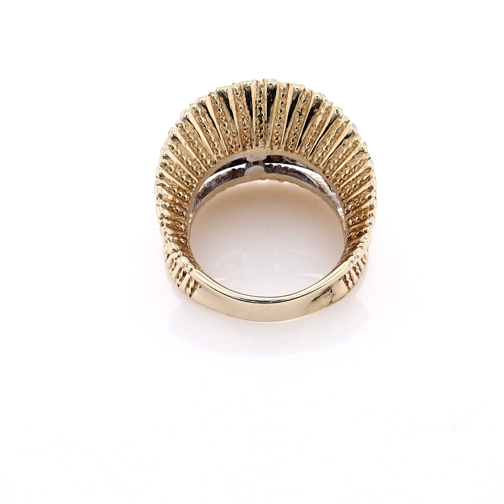 14k Two Tone Estate Carousel Diamond Ring with Pave Center and Ribbed Concave Design, a Stunning Jewelry Piece
