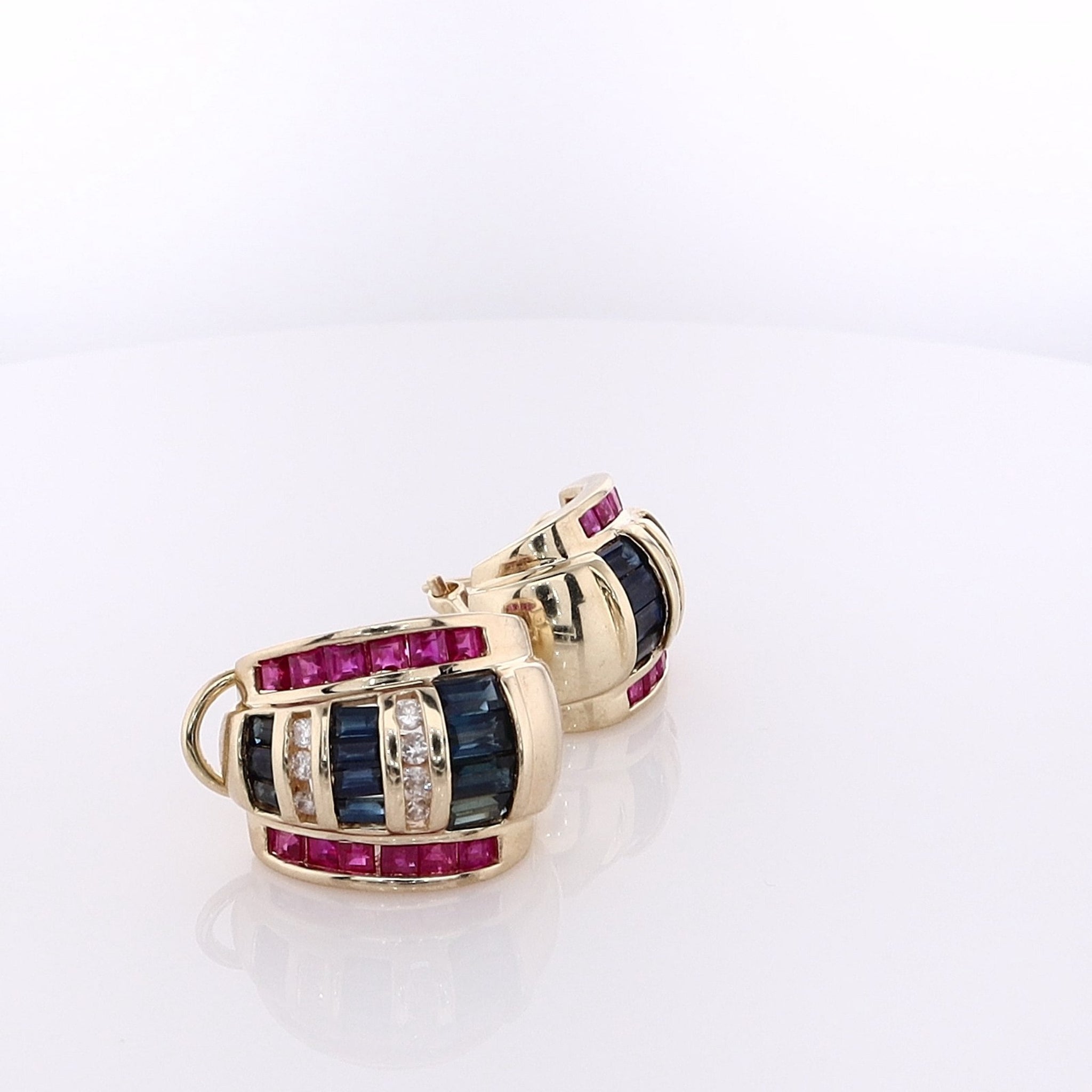 Exquisite Estate 14 Karat Yellow Gold Stud Earrings Embellished with Sapphires, Rubies, and Diamonds