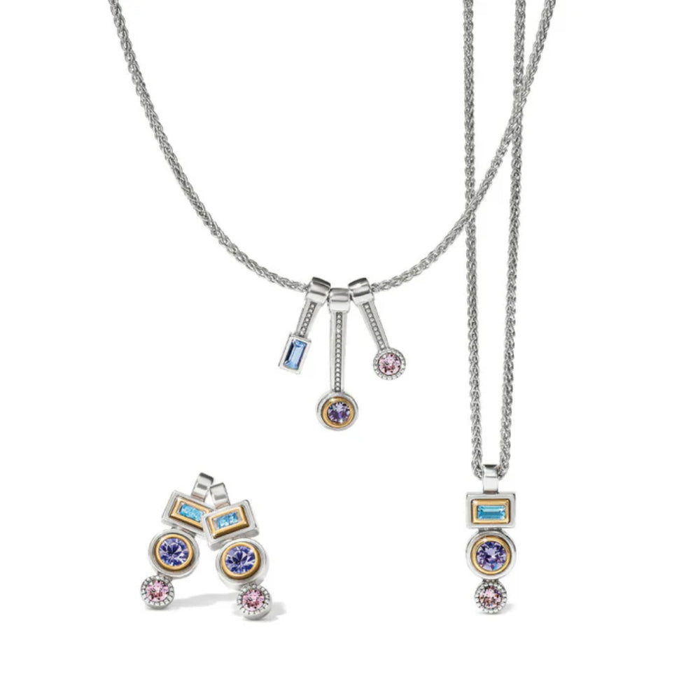 Artisan-Style Brighton Gold-Polished Halo Trio Necklace with Purple and Blue Crystals