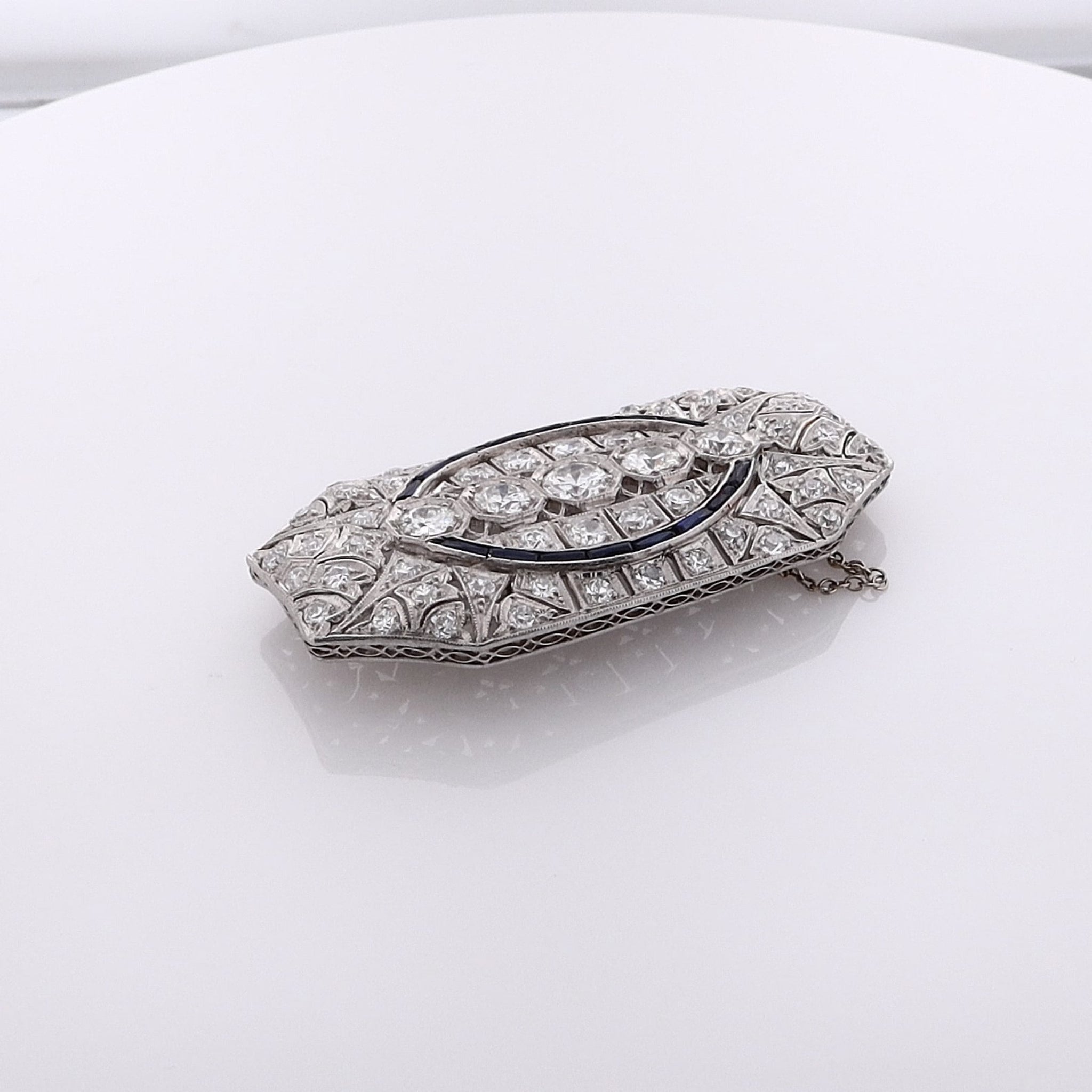 Exquisite Estate Platinum 8 - Sided Pin with Synthetic Sapphires and Old - European Cut Diamonds