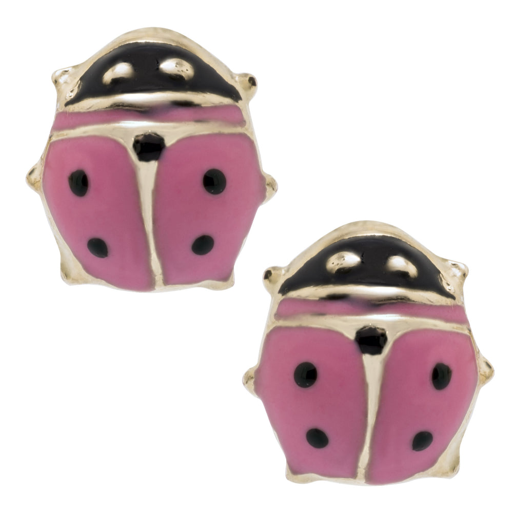 14k Gold Pink Enamel Lady Bug Earrings for Children