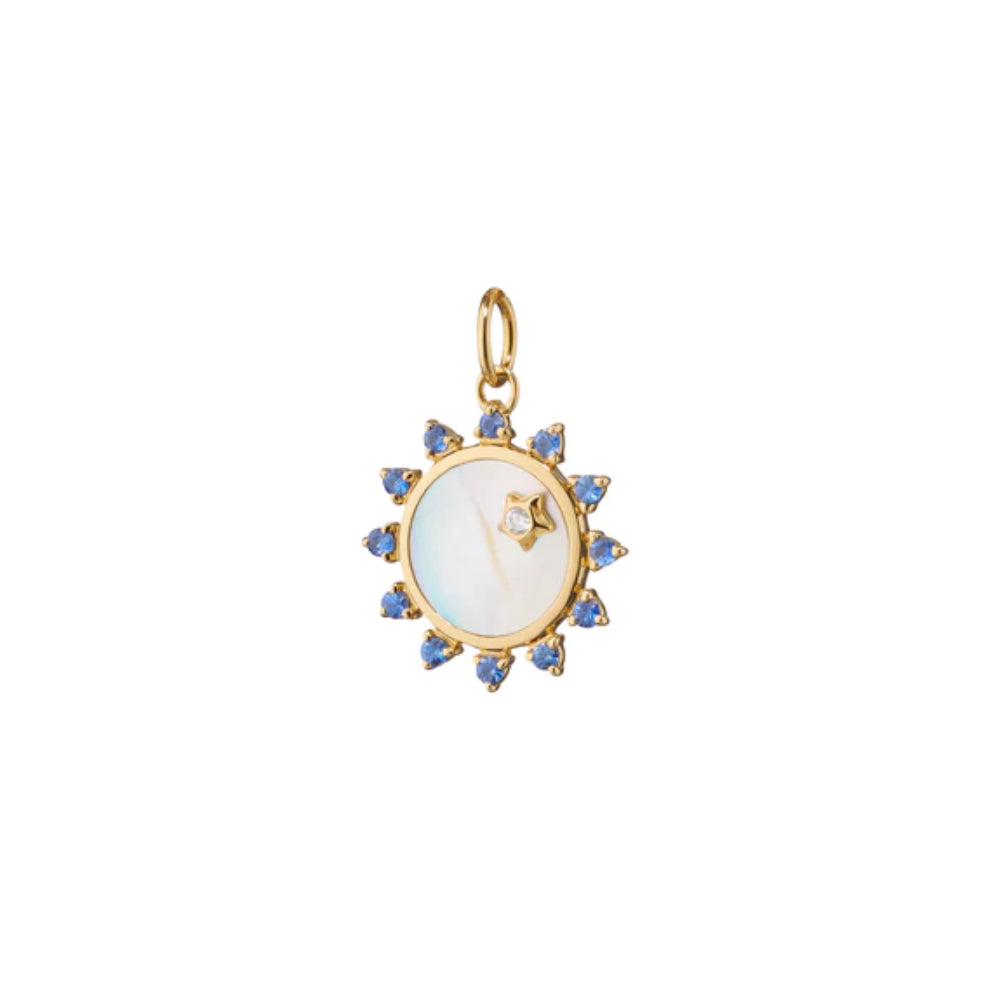 Monica Rich Kosann 18k Yellow Gold Mini Mother of Pearl and Sapphire Happiness Sun-Shaped Charm Pendant