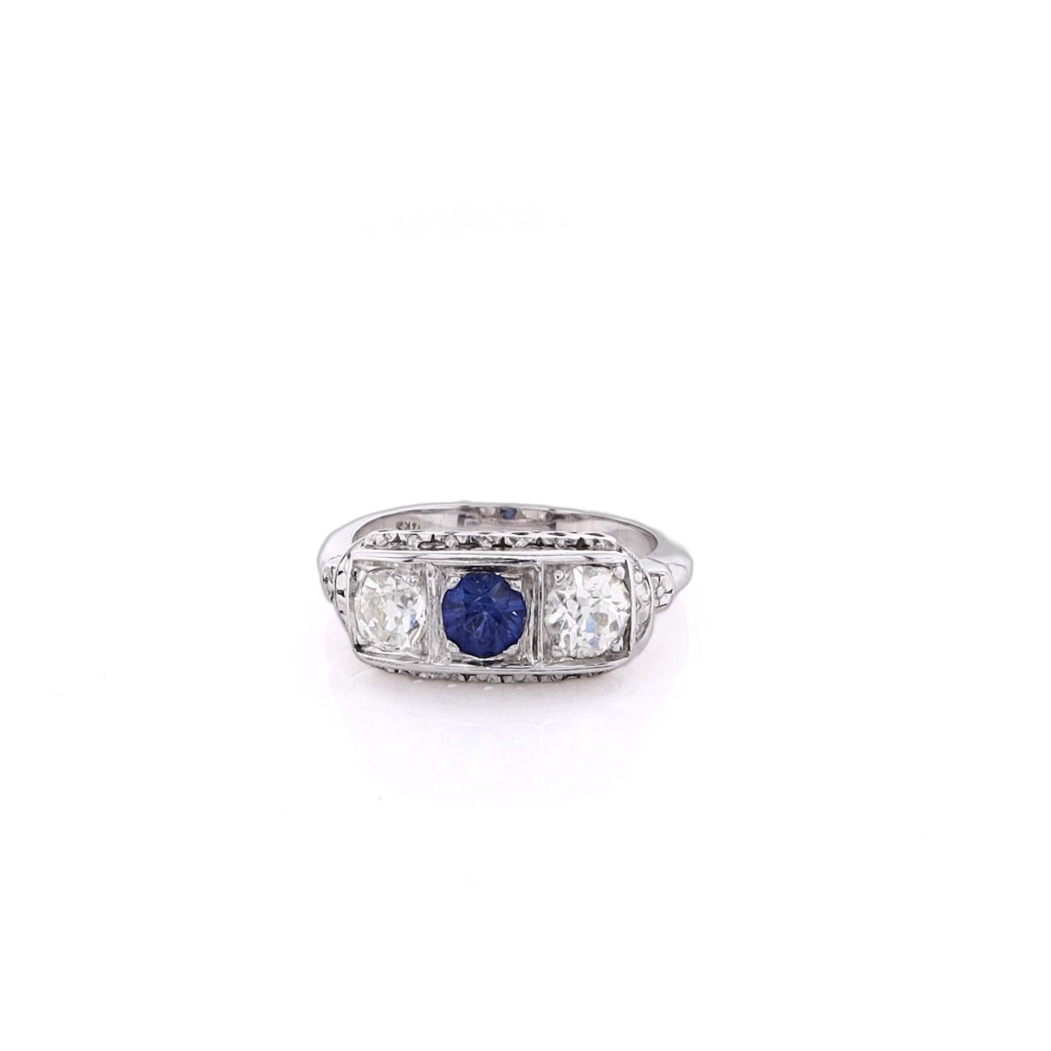 Exquisite Estate 14 Karat White Gold Filigree Sapphire and Diamond Engagement Ring