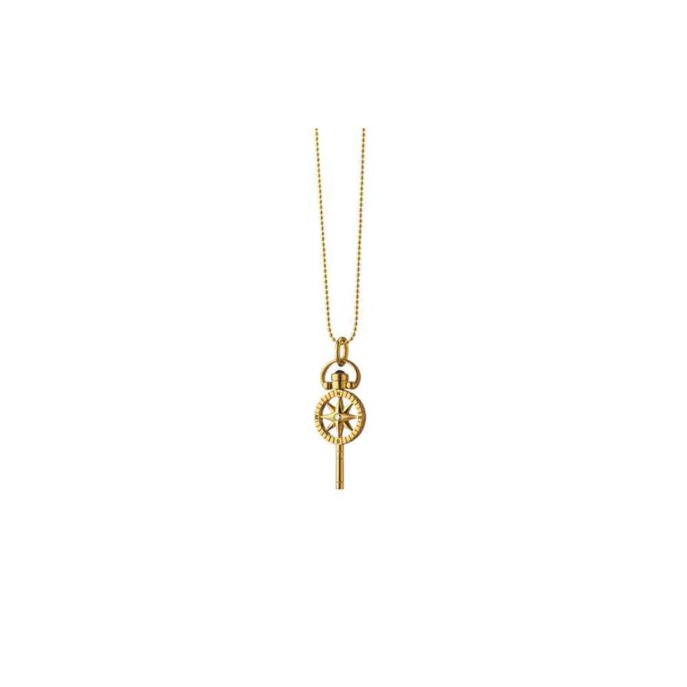 18k Gold Mini 'Adventure' Compass Key Charm Diamond Necklace for a Stylish Look