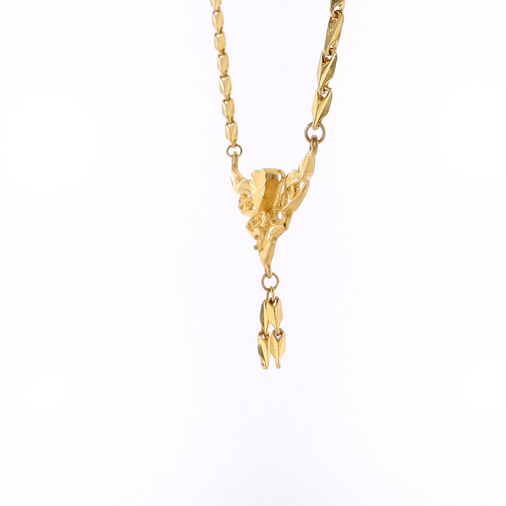 24K Yellow Gold Rectangular Link Necklace with Diamond - Cut Heart and Filigree Dangle Pendant