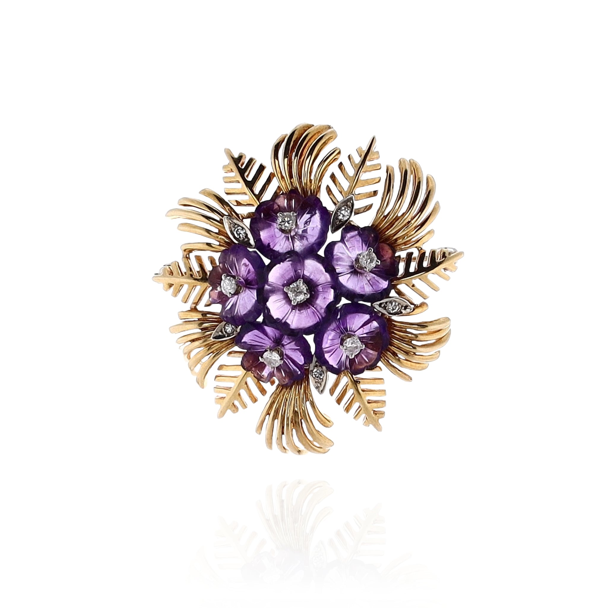 18K Yellow Gold Amethyst and Diamond Flower Design Brooch