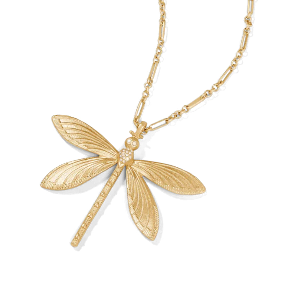 Exquisite 18 KT Gold Plated Spartina White Opal Dragonfly Necklace, 32 Inches