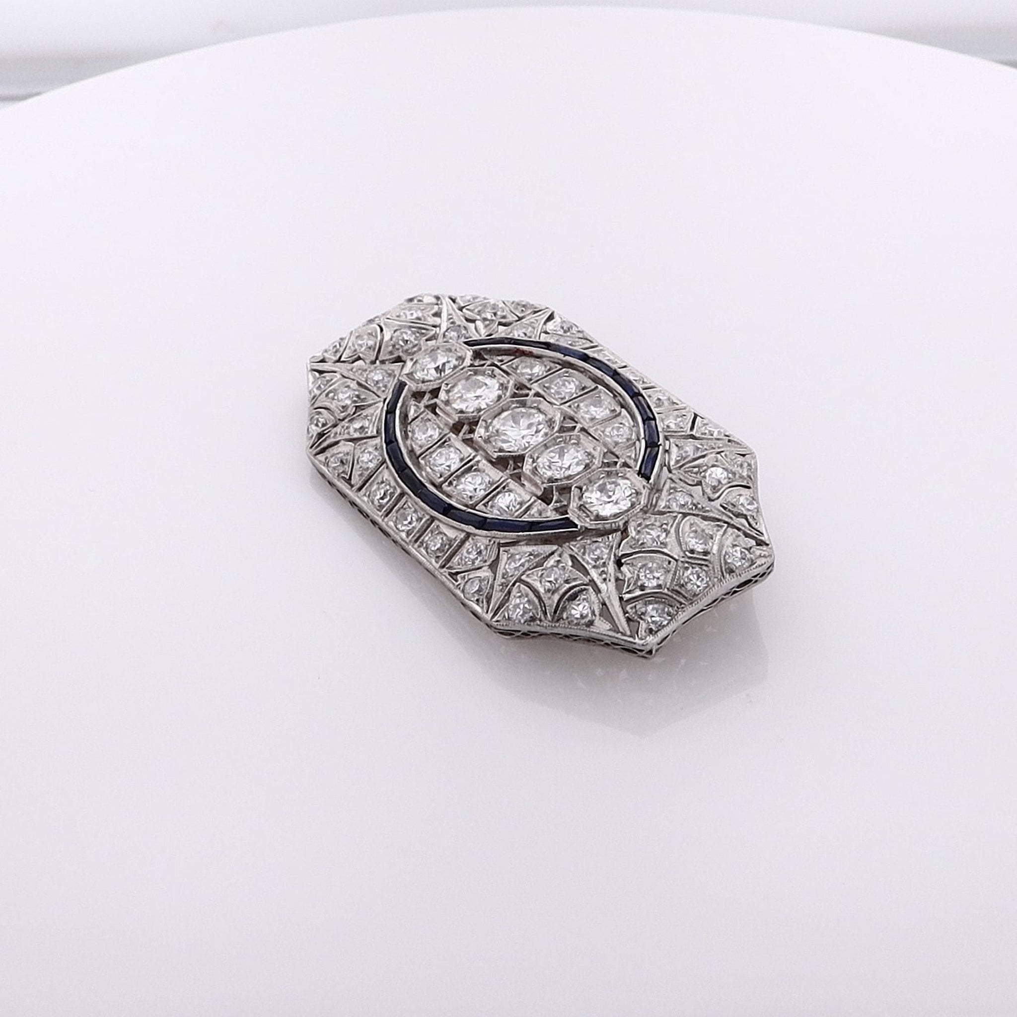 Exquisite Estate Platinum 8 - Sided Pin with Synthetic Sapphires and Old - European Cut Diamonds