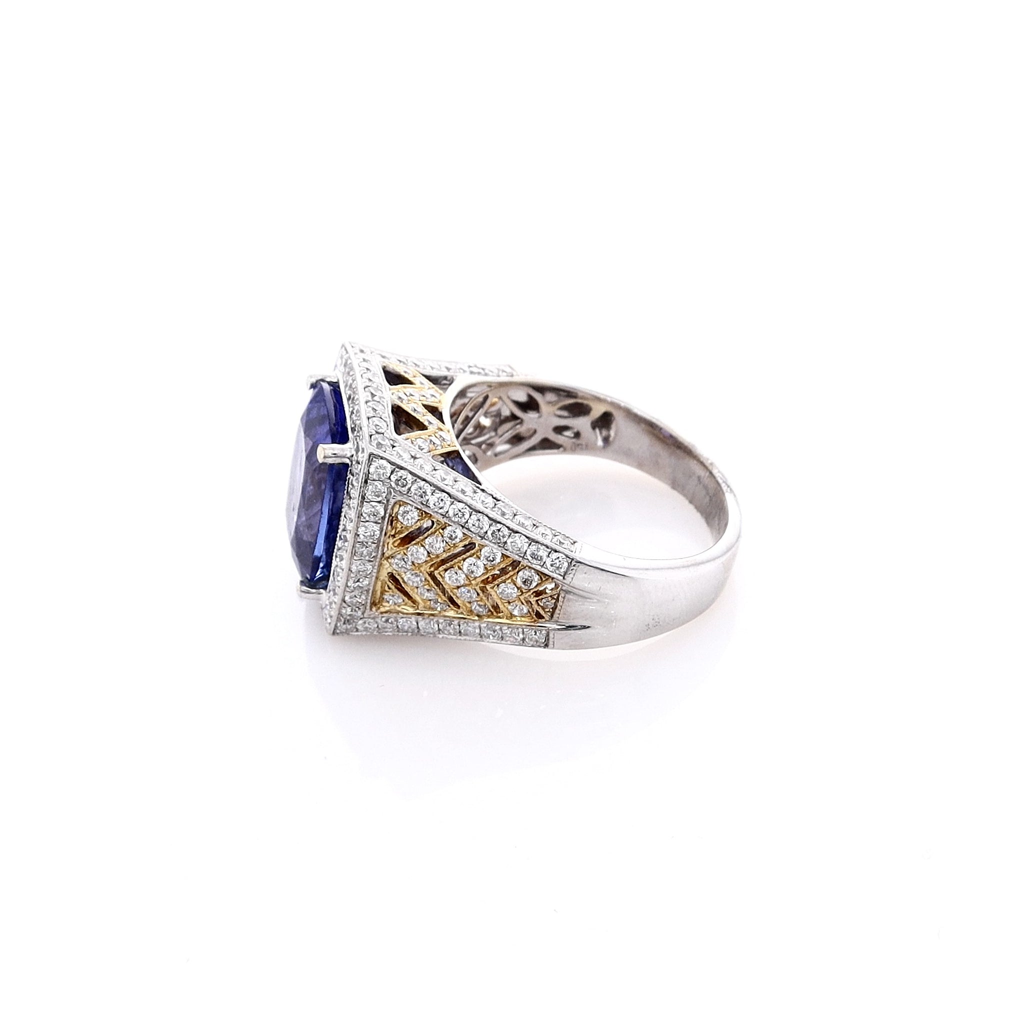 18k Gold Estate Two-Tone Cushion-Cut Purple Tanzanite and Round Brilliant Cut Diamond Halo Engagement Ring