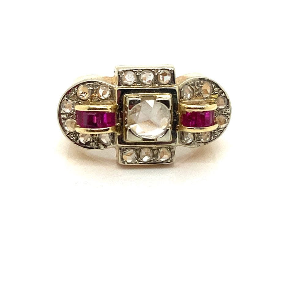 Retro 18k Yellow Gold Estate Ring with Diamond and Ruby