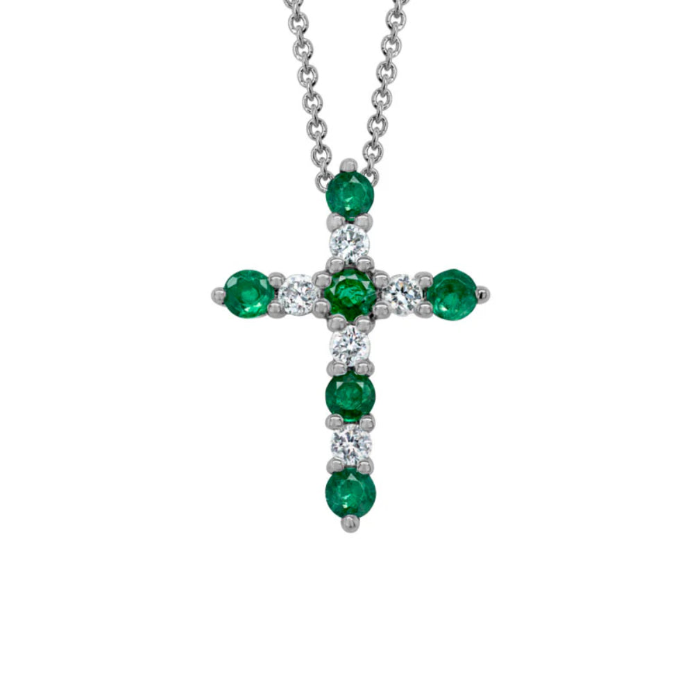 14k White Gold Emerald and Diamond Religious Cross Pendant Necklace for Women