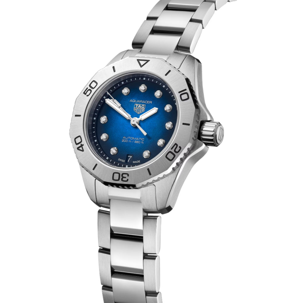 TAG Heuer 30mm Steel/Blue Aquaracer Professional 200 Date Watch with Diamonds