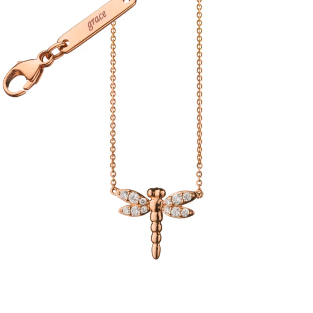 Exquisite 18k Rose Gold Diamond Adorned Critter Dragonfly Grace Necklace for Women